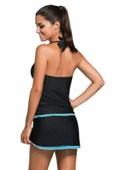 Contrast Blue Trim Black Halter Tankini Skort Swimsuit - Femstylo