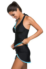 Contrast Blue Trim Black Halter Tankini Skort Swimsuit - Femstylo