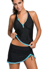Contrast Blue Trim Black Halter Tankini Skort Swimsuit - Femstylo