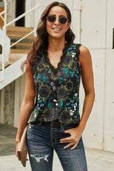 Casual Black V Neck Lace Trim Floral Tank - Femstylo