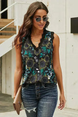 Casual Black V Neck Lace Trim Floral Tank - Femstylo