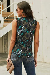 Casual Black V Neck Lace Trim Floral Tank - Femstylo