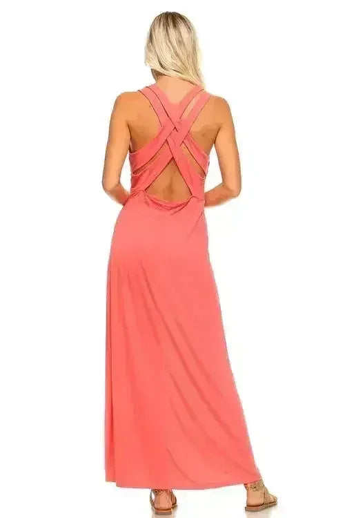 Women's Halter Maxi Dress with Cross Back Straps - Femstylo