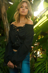 Women's Lace-Up Off Shoulder Elastic Blouse - Femstylo