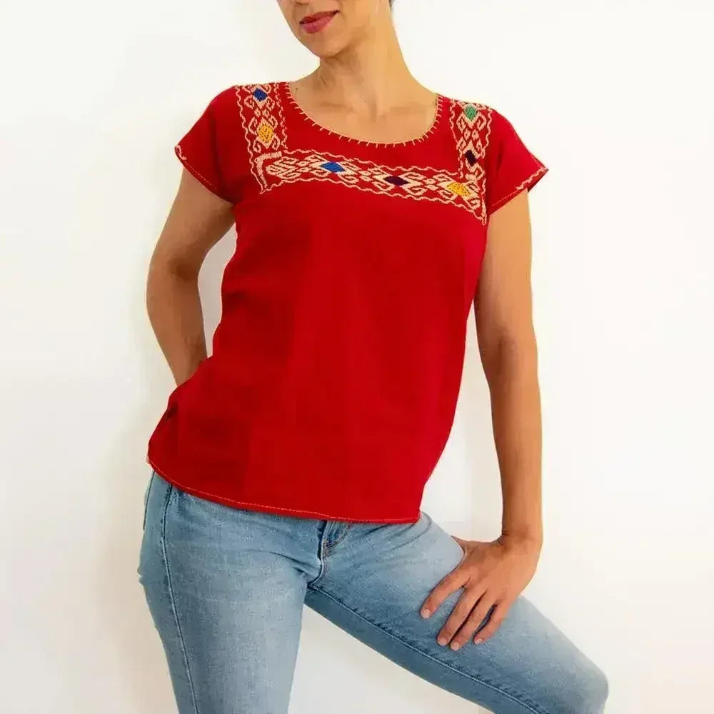 Red Blouse Huipil with Colorful Hand Stitched on - Femstylo
