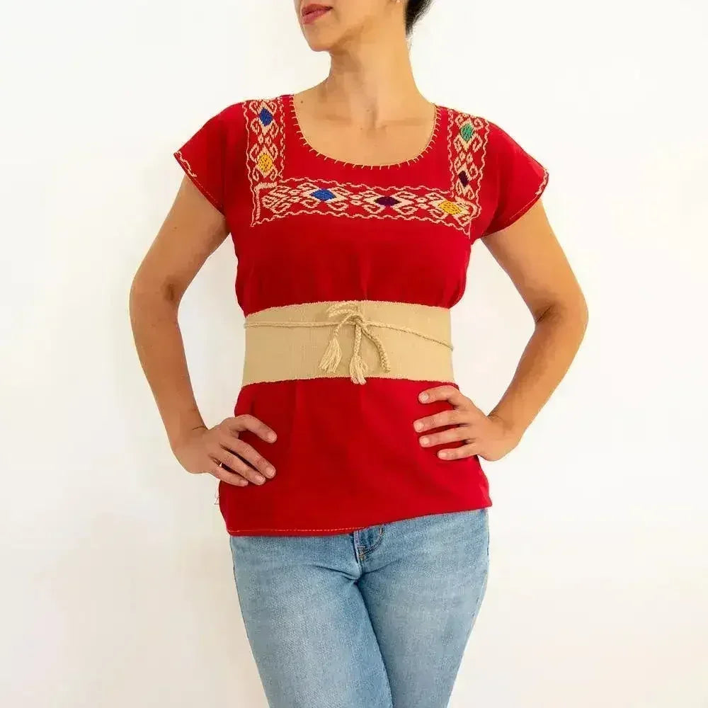 Red Blouse Huipil with Colorful Hand Stitched on - Femstylo