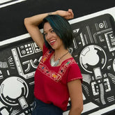 Red Blouse Huipil with Colorful Hand Stitched on - Femstylo