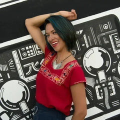 Red Blouse Huipil with Colorful Hand Stitched on - Femstylo