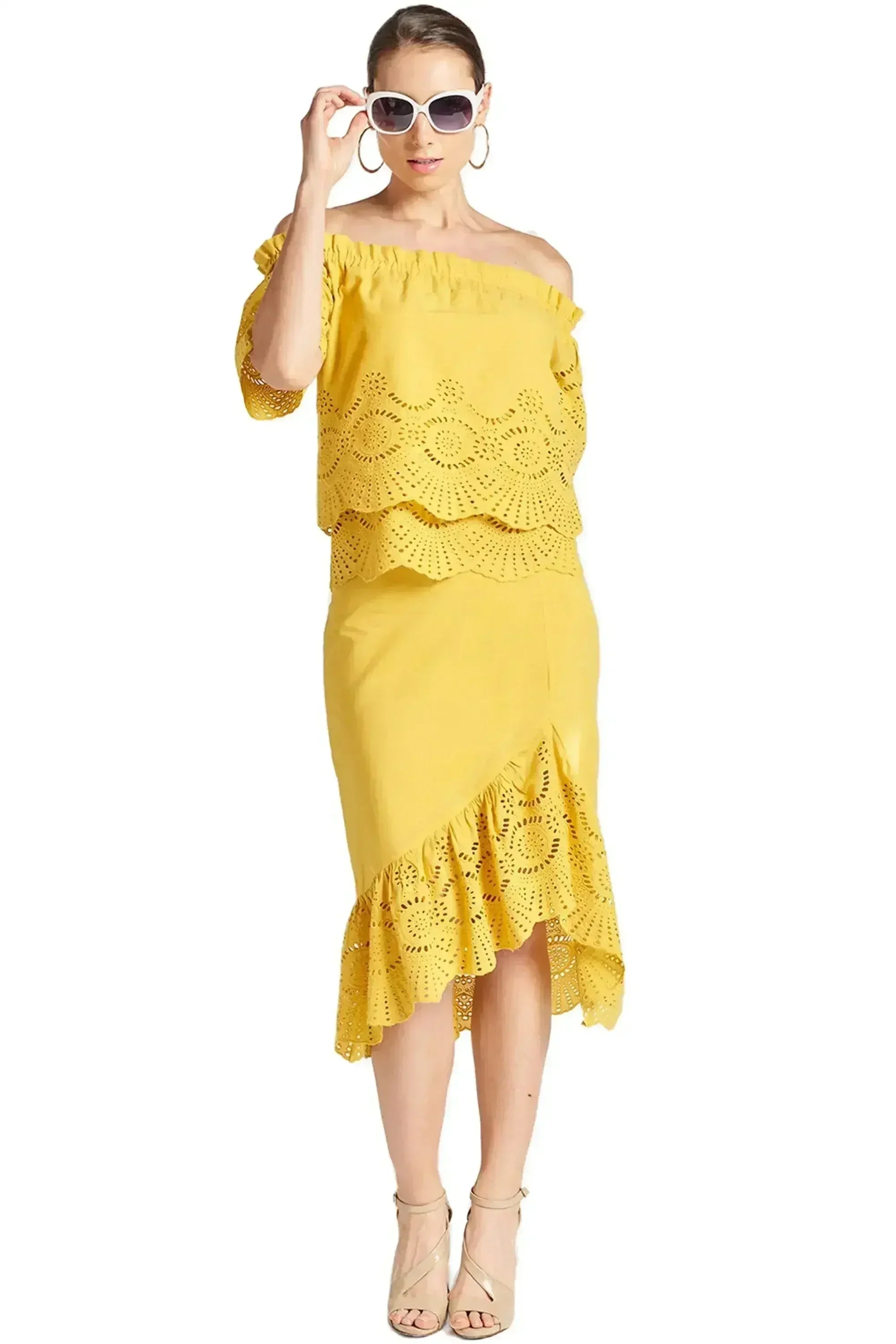 Marigold Daisy Top - Double layer off the shoulder cotton eyelet top - Femstylo