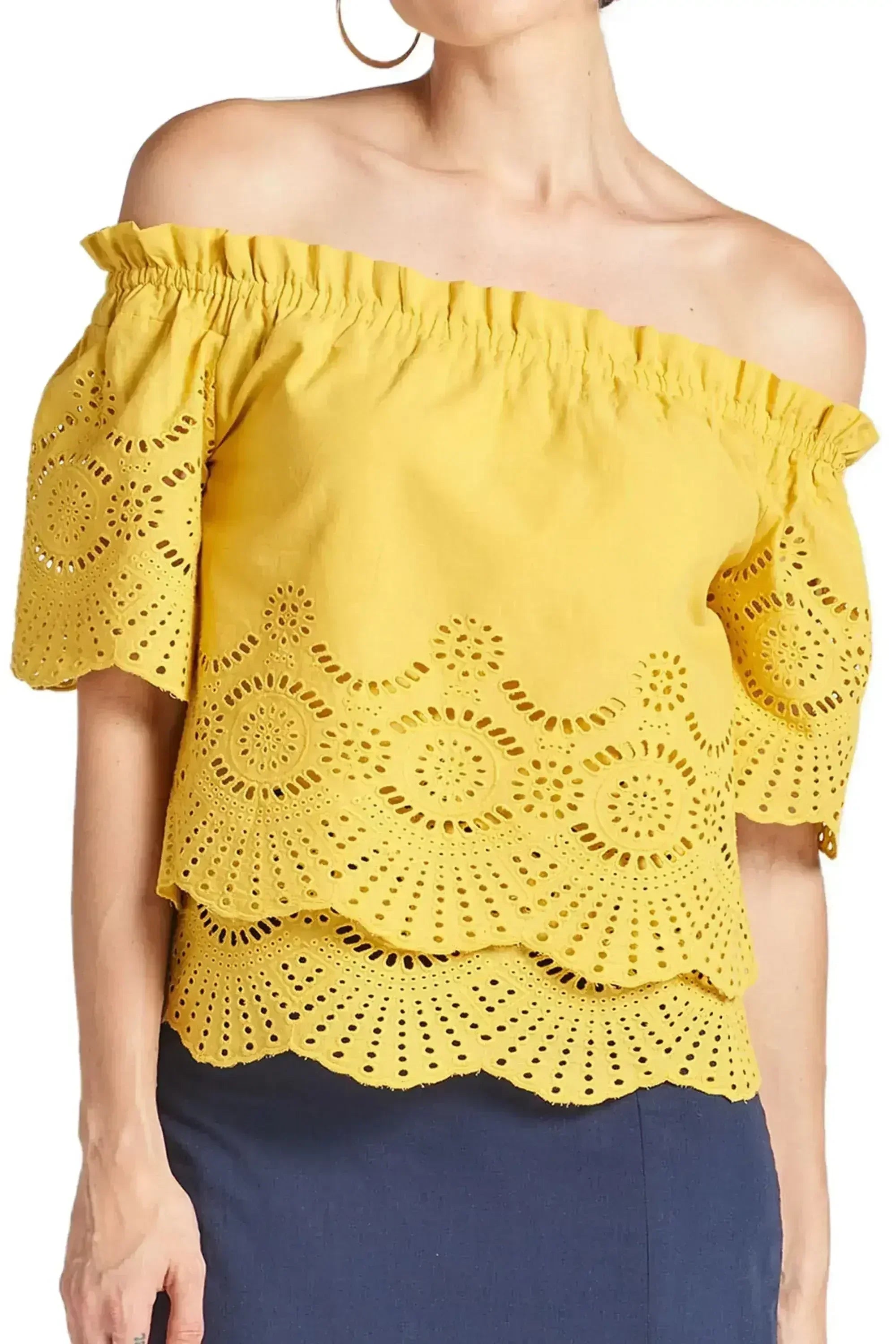 Marigold Daisy Top - Double layer off the shoulder cotton eyelet top - Femstylo