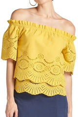 Marigold Daisy Top - Double layer off the shoulder cotton eyelet top - Femstylo