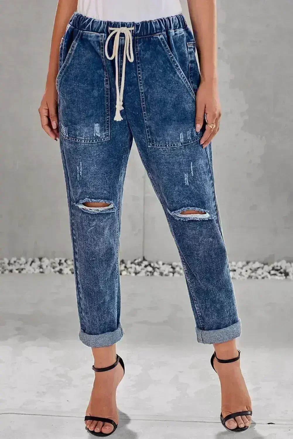 Dark Blue Gather Round Distressed Hole Pocketed Jean Jogger - Femstylo