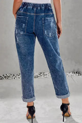Dark Blue Gather Round Distressed Hole Pocketed Jean Jogger - Femstylo
