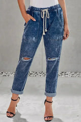 Dark Blue Gather Round Distressed Hole Pocketed Jean Jogger - Femstylo
