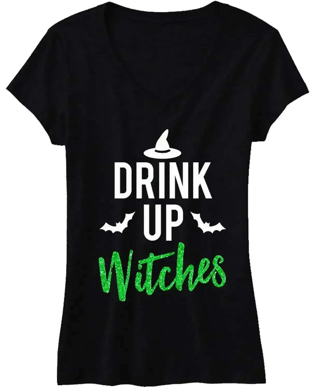 DRINK UP WITCHES Halloween Shirt with Green Glitter Print - Femstylo