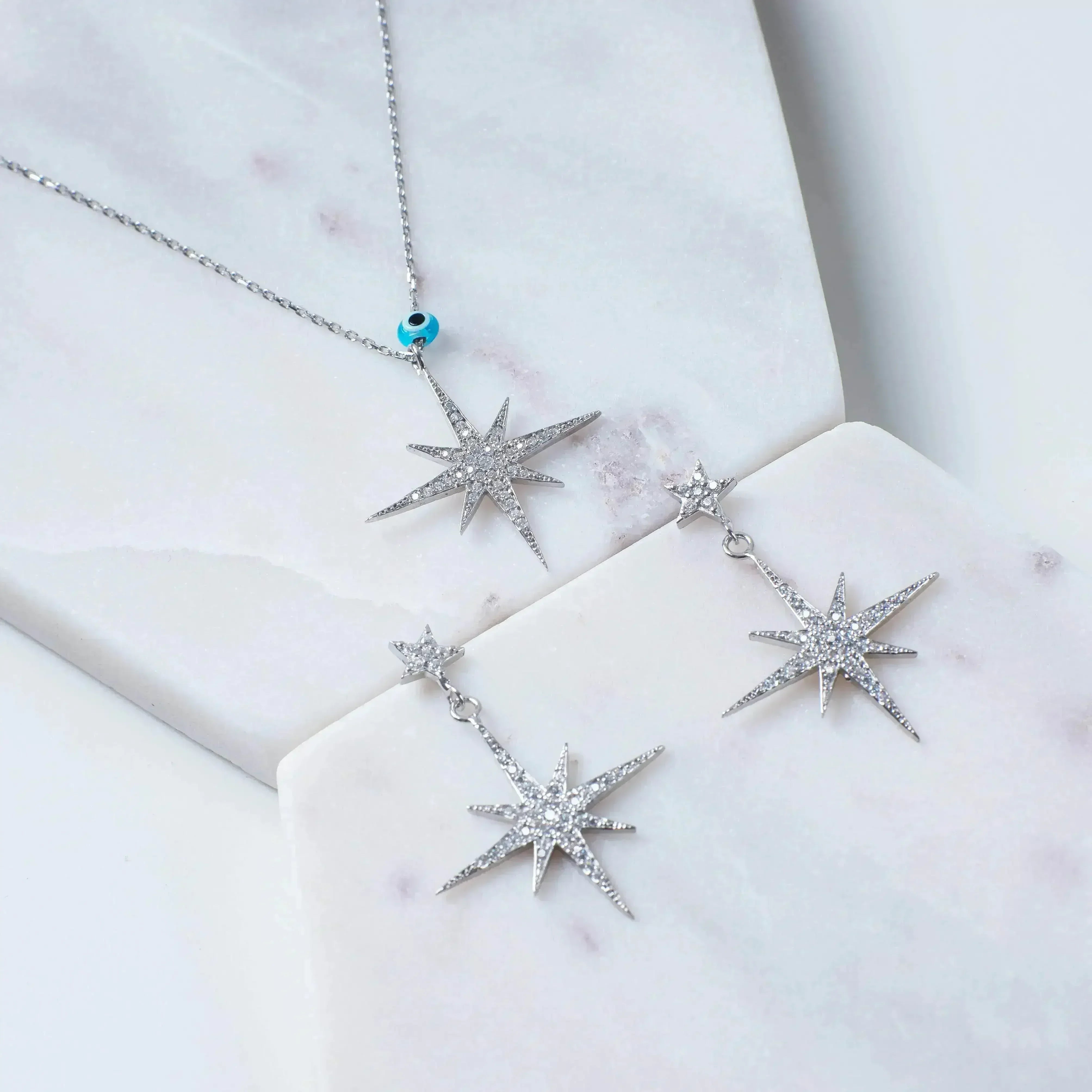 Petite Star Burst Drop Earrings Silver - Femstylo