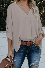 Elegant Apricot V Neck 3/4 Sleeve High Low Hem Shirt - Femstylo