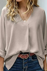 Elegant Apricot V Neck 3/4 Sleeve High Low Hem Shirt - Femstylo