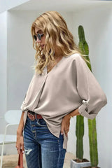 Elegant Apricot V Neck 3/4 Sleeve High Low Hem Shirt - Femstylo