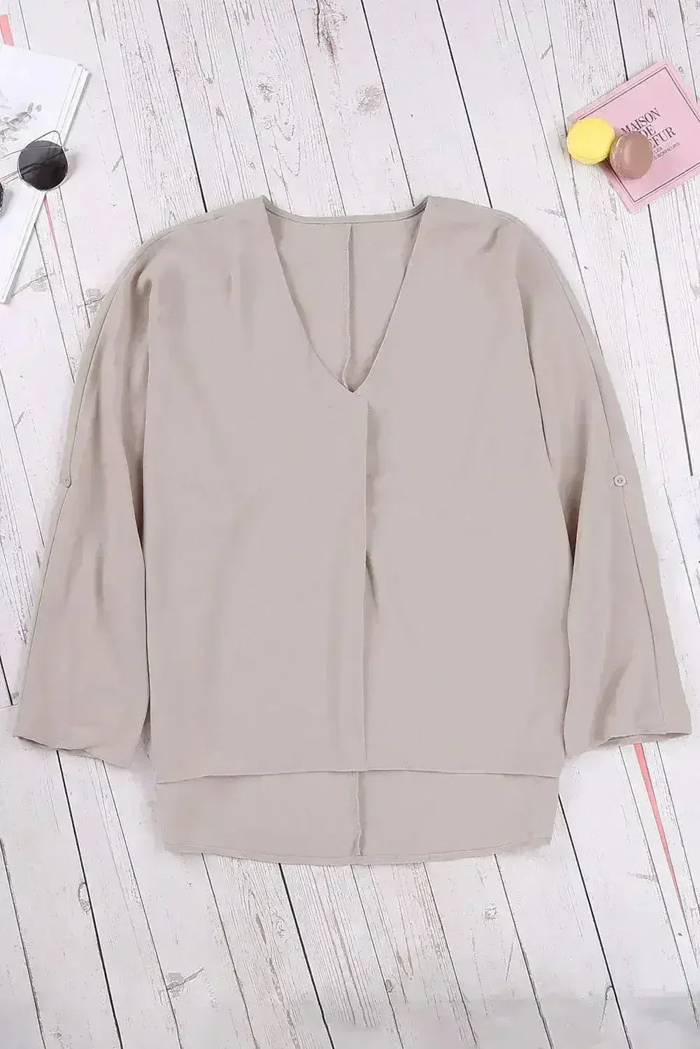 Elegant Apricot V Neck 3/4 Sleeve High Low Hem Shirt - Femstylo