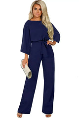 Bracelet Sleeve Jumpsuit – Waist Tie Wide Leg Romper – Day to Night - Femstylo