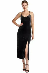 Elle Dress - Velvet slip dress with scooped back and thigh high slit - Femstylo
