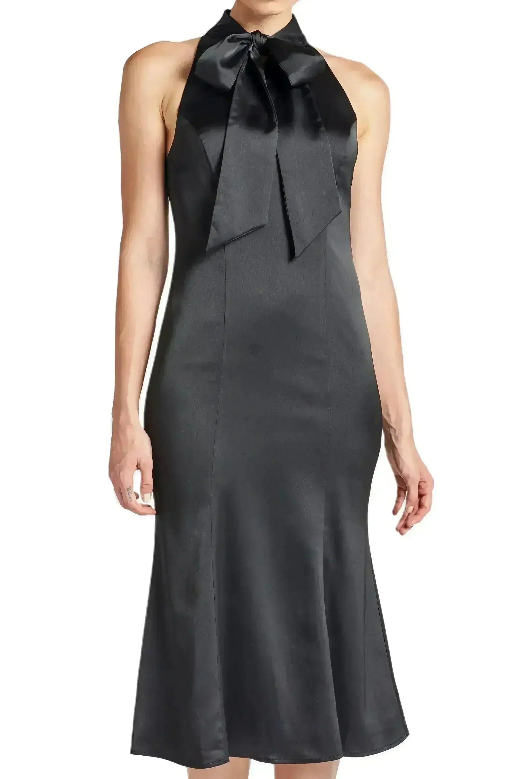 Eloise Dress - Stretch satin midi mermaid dress with neck tie - Femstylo