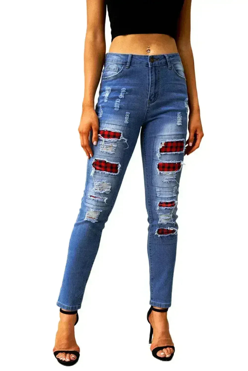 Fashion Blue Ripped Plaid Straight Legs Boyfriend Jeans - Femstylo