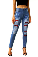 Fashion Blue Ripped Plaid Straight Legs Boyfriend Jeans - Femstylo