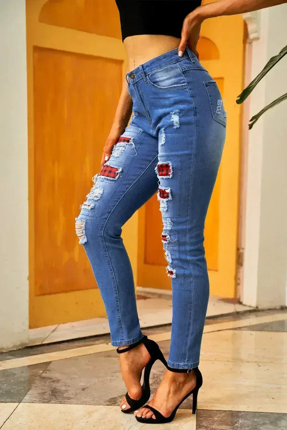 Fashion Blue Ripped Plaid Straight Legs Boyfriend Jeans - Femstylo