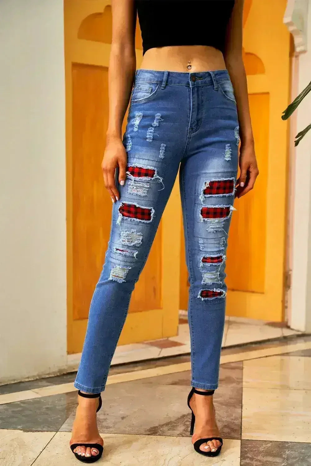 Fashion Blue Ripped Plaid Straight Legs Boyfriend Jeans - Femstylo