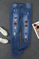Fashion Blue Ripped Plaid Straight Legs Boyfriend Jeans - Femstylo