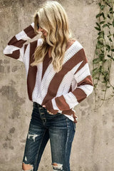 Fashion Brown Striped Colorblock V Neck Knitted Sweater - Femstylo
