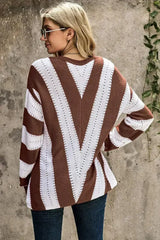 Fashion Brown Striped Colorblock V Neck Knitted Sweater - Femstylo