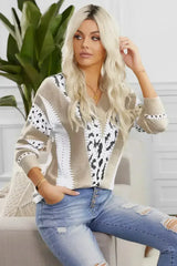 Fashion Khaki Animal Print Accent V Neck Sweater - Femstylo