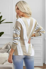 Fashion Khaki Animal Print Accent V Neck Sweater - Femstylo