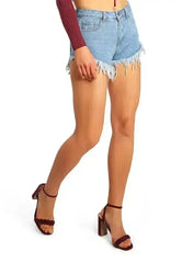 Destroyed Hem Rhinestone Patch Denim Shorts - Femstylo