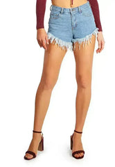 Destroyed Hem Rhinestone Patch Denim Shorts - Femstylo