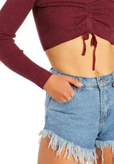 Destroyed Hem Rhinestone Patch Denim Shorts - Femstylo