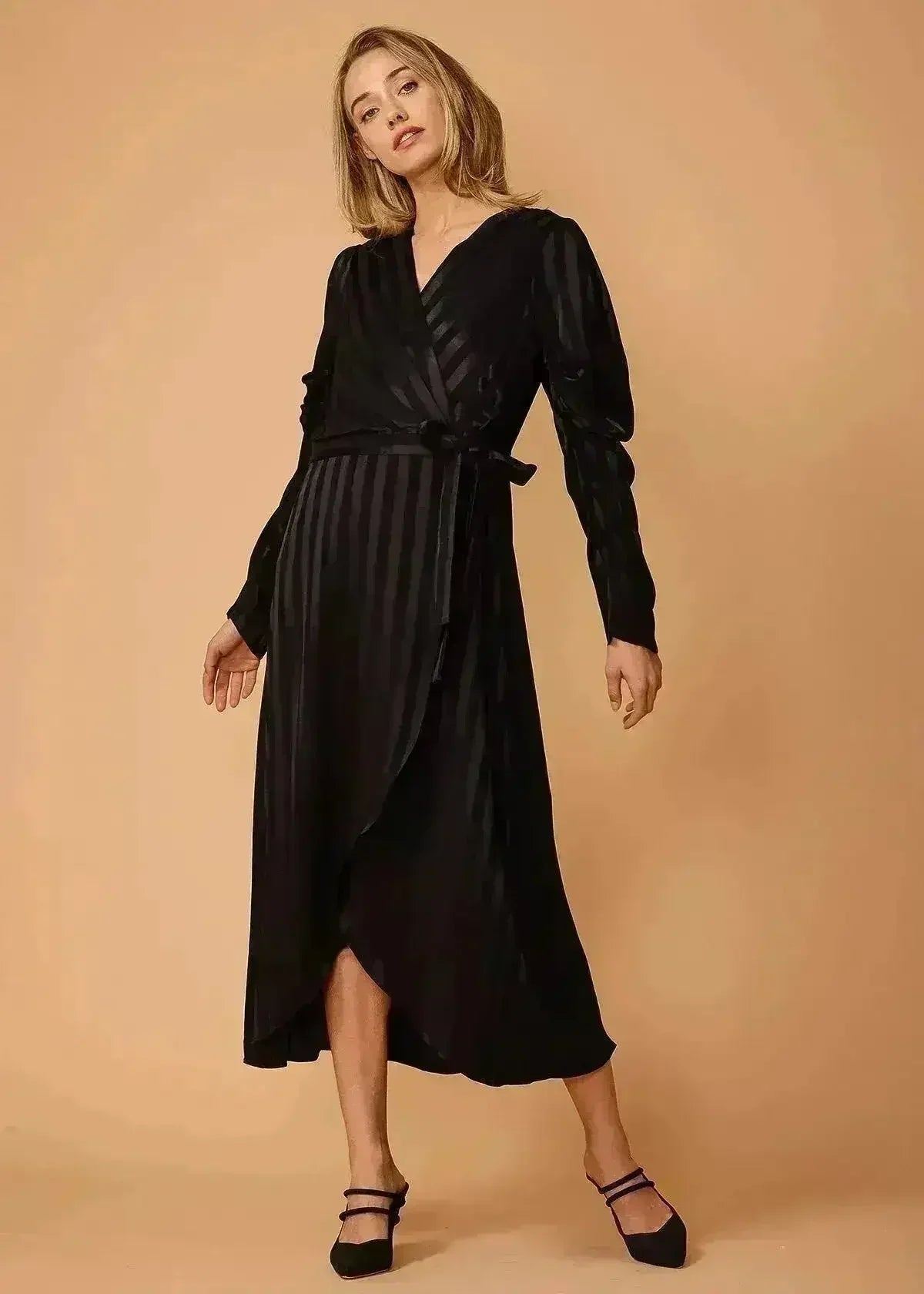 Women's Puffy Shoulder Dress in Black Stripe - Femstylo