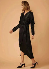 Women's Puffy Shoulder Dress in Black Stripe - Femstylo
