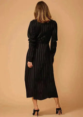 Women's Puffy Shoulder Dress in Black Stripe - Femstylo
