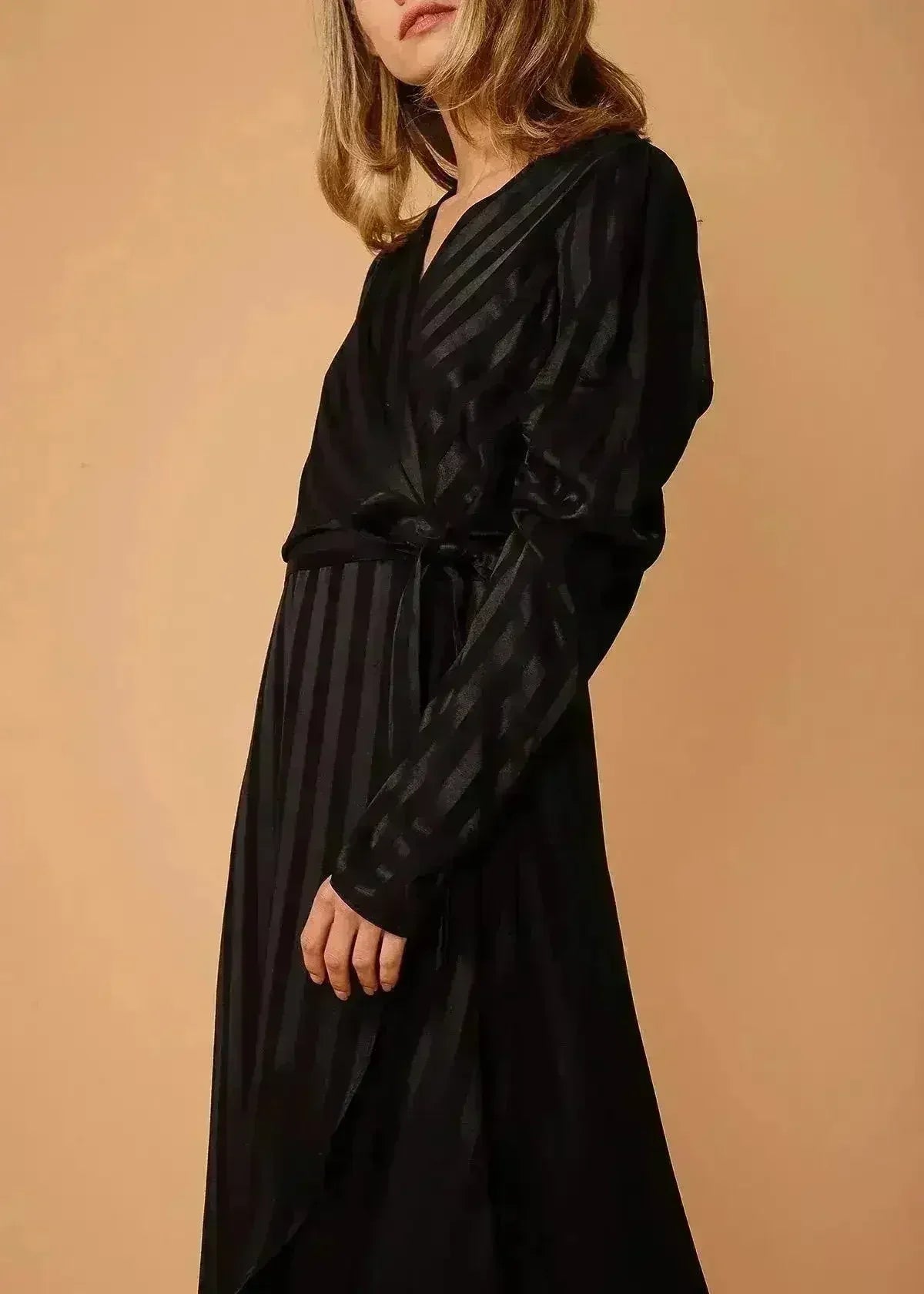 Women's Puffy Shoulder Dress in Black Stripe - Femstylo