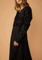 Women's Puffy Shoulder Dress in Black Stripe - Femstylo