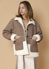 Women's Plaid Fur Jacket in Rust Houndstooth - Femstylo