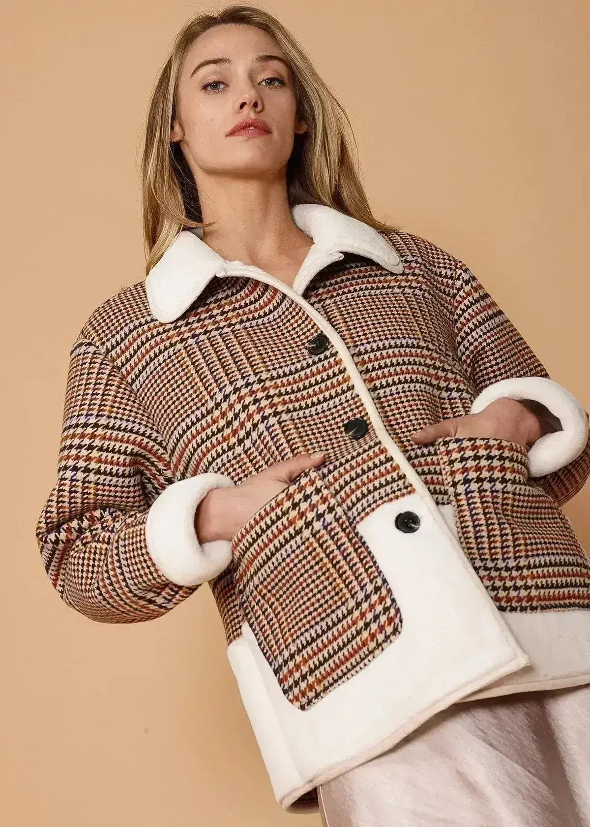 Women's Plaid Fur Jacket in Rust Houndstooth - Femstylo