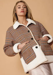 Women's Plaid Fur Jacket in Rust Houndstooth - Femstylo