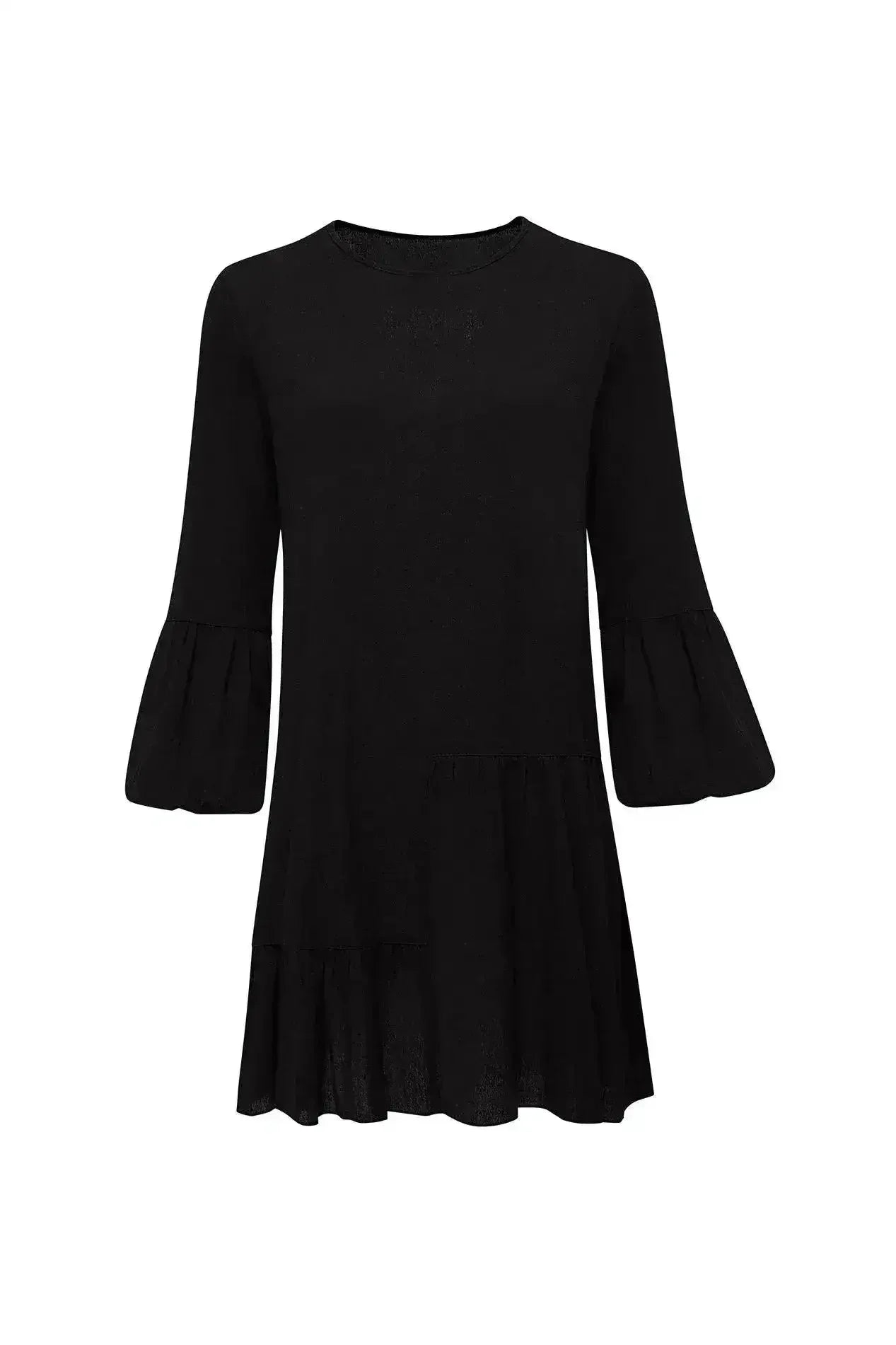 Gaia Black Mini Dress | Puffed Sleeves | Tiered Ruffles - Femstylo