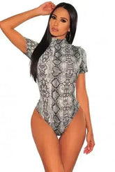 Gray Snake Print Mock Neck Short Sleeves Bodysuit - Femstylo