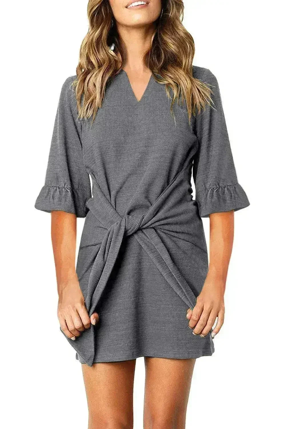 Gray V Neck Ruffled Sleeves Waist Tie Casual Mini Dress - Femstylo